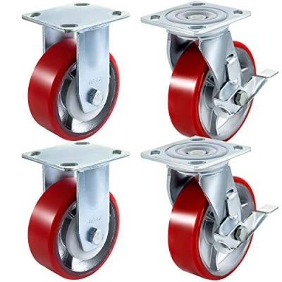 Image de VEVOR roulettes 15 cm Lot de 4 2 rigides et pivotantes avec frein latéral, plaque noyau en fer, polyuréthane, capacité charge 450 kg par roue pour atelier, garage, entrepôt
