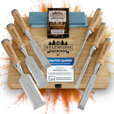 Image de HOLZWURM jeu de ciseaux a bois professionnels, 6 Ciseau à avec pierre aiguiser, instructions (EN) d&#039;affûtage et coffret en