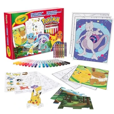 Image de CRAYOLA Set Créatif Pokémon 5 en 1, avec Pages à colorier, Marqueurs, Crayons de Couleur, Stickers, 60 Pièces, Cadeau pour Garçons et Filles, partir 4 Ans