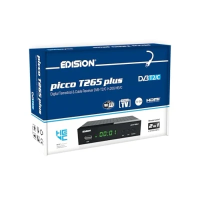 Image de EDISION Picco T265 Plus Récepteur Terrestre TNT DVBT2 et par Câble DVBC, H.265 HEVC FTA Haute définition,PVR,USB,HDMI,SCART,Capteur IR,Prend en Charge USB WiFi,IR Télécommande Universelle 2en1