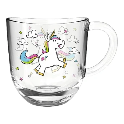 Image de Leonardo Bambini 022902 Tasse en verre, pour enfant, avec motif animal, passe au lave vaisselle, licorne, multicolore, rose, bleu, 1 pièce, 280 ml
