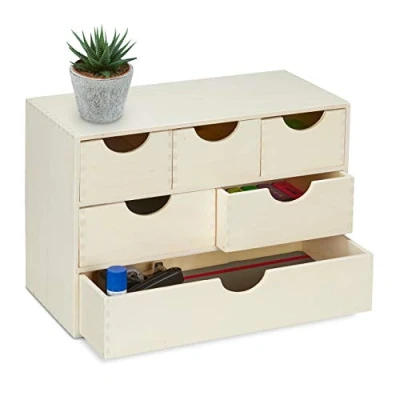 Image de Relaxdays Boîte à tiroirs en bois, HLP: 28 x 40 20 cm, rangement petits objets, décorer, 6 compartiments, nature