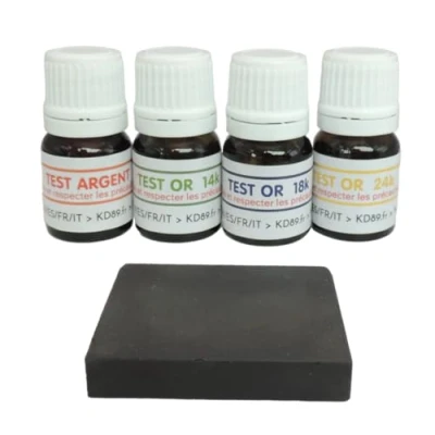 Image de KD89 Assortiment de réactifs/solutions pour tester l&#039;or 14 18 24 carats et l&#039;argent Avec pierre touche naturelle notice multi langues Expertise bijoux, pièces, lingotins 2,5ml