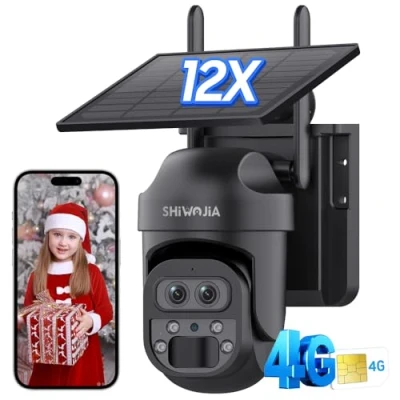 Image de SHIWOJIA 3G/4G LTE Caméra Solaire, 6MP Camera de Surveillance sans Internet, Double Objectif, 12X Zoom Hybride, capteur Mouvement PIR, Vision Nocturne Couleur, IP65