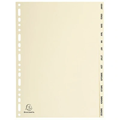 Image de Exacompta Réf. 1212E Intercalaires en Carte ivoire 155g/m2 FSC® avec 12 onglets imprimés mensuel de Janvier à Décembre Format classer A4 Dimensions 22,5 x 29,7 cm couleur