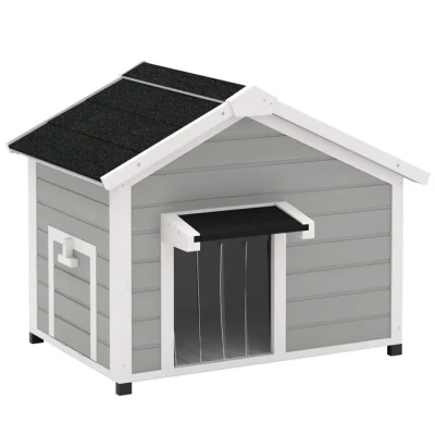 Image de PawHut Niche pour Chien extérieur en Bois Massif, Maison avec Toit Asphalte ouvrable, Plancher Amovible, Pieds surélevés, Rideau de Porte, Gris Clair