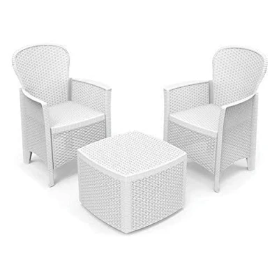 Image de Dmora Ensemble de Salon d&#039;extérieur Naples, Composition jardin avec 2 fauteuils et 1 table rangement, effet rotin, 100% Made in Italy, Blanc