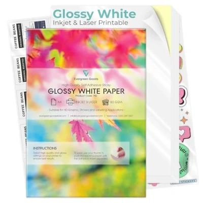 Image de Evergreen Goods Lot de 50 feuilles papier autocollant brillant A4 blanc auto adhésif, imprimable à jet d&#039;encre/laser, autocollants pour loisirs créatifs, compatible avec traceur, dos solide