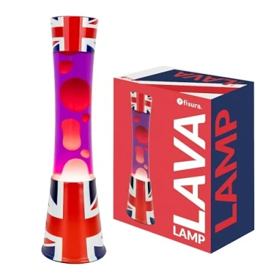 Image de Fisura Lampe à lave drapeau UK. Base Avec motif de drapeau, liquide violet et rouge. effet relaxant. ampoule rechange. 11 cm x 39,5 cm.