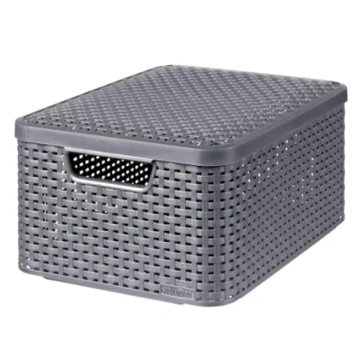 Image de CURVER Boîte de Rangement Style 18L Aspect Rotin Texturé Pour Chambre, Salon, Salle Bain, Buanderie 39,7x29x18,7 cm Anthracite 70 % Recyclé