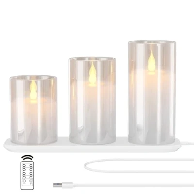 Image de EXTSUD Bougies LED Sans Flamme Rechargeable avec Station de Charge et Télécommande, Lot 3 Décoratives Clignotante en Verre Minuterie pour Fête, Anniversaire, Mariage (Blanc)