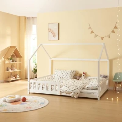 Image de [en.casa] Lit Cabane pour Chambre d&#039;enfant Double en Forme de Maison avec Sommier à Lattes Standard et Barrière Protectrice Bois Pin Contreplaqué 140 x 200 cm Blanc