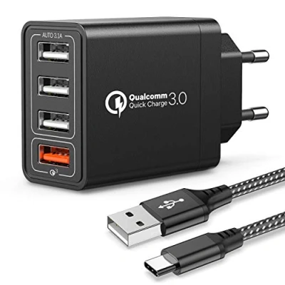 Image de JOOMFEEN Quick Charge 3.0 Chargeur mobile mural USB avec câble Type C 30 W 4 ports secteur rapide pour Samsung Galaxy S10E/S9/S8/Note8, Huawei P20, Xiaomi(Noir)