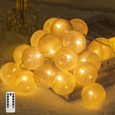 Image de Ciskotu Guirlande Lumineuse Coton Boules, 20 LED USB Dimmable Boule avec Télécommande et Minuterie, Intérieur pour Chambre Enfant Noël Fête (Blanc)