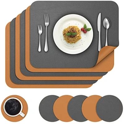 Image de BANNIO Set De Table,6 Pièces Sets Table Et 6 Dessous Verre,Double Face Lavable,Sets Antidérapant Imperméable,Dessous Cuir Chaleur Résiste,Gris&amp;Brun