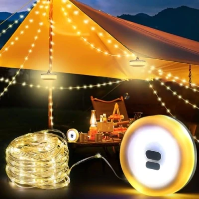 Image de mizikuu Guirlande Lumineuse de Camping, 10M Escamotable Camping Rechargeable Portable Imperméable IP67 7 Modes LED Lampe pour Fête, Jardin, Randonnée, Décoration
