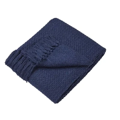 Image de Drift Home Plaid Bleu Marine avec Pompon (200 x 200 cm) Coton recyclé Durable Couverture tissée texturée pour canapé Extra Large