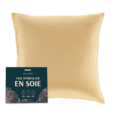 Image de DREAMZIE Taie d Oreiller en Soie 100% Naturelle de mûrier pour Les Cheveux et la Peau 19 mm des Deux côtés 1 unité Doré 40x40 cm