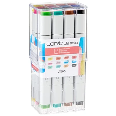 Image de COPIC Marker Set de 12 marqueurs à encre alcool permanente double pointe, pointe fine et large biseautée, rechargeable Couleurs Vives