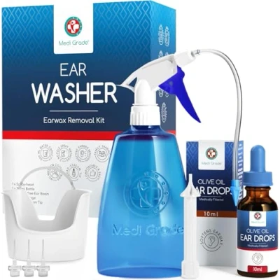 Image de Nettoyeur oreille Bouteille de Nettoyage 300 ml Enlèvement Bouchon + Gouttes Huile d’Olive pure Kit Poire Lavement Auriculaire Medi Grade Élimine et Adoucit le Cérumen