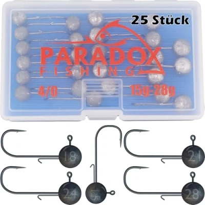 Image de Paradox Fishing Lot de 25 têtes plombées 4/0 I 5 x 15 g/18 g/21 g/24 g/28 g Jig en caoutchouc avec tête plombée pour poisson caoutchouc, sandre, accessoires pêche