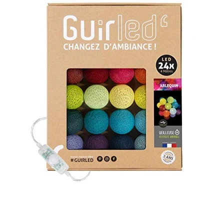 Image de GuirLED Guirlande lumineuse boules coton LED USB Veilleuse bébé 2h Adaptateur secteur double 2A inclus 3 intensités 24 2.4m Arlequin