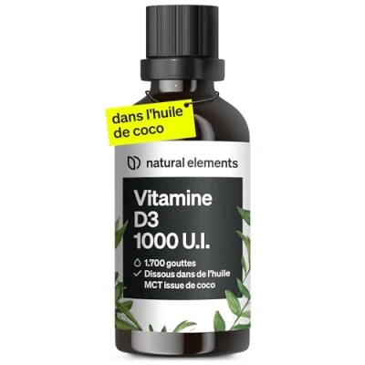 Image de natural elements Vitamine D3 1000 U.I. D par goutte 50 ml (1700 gouttes) enhuile TCM de noix coco fortement dosée, liquide