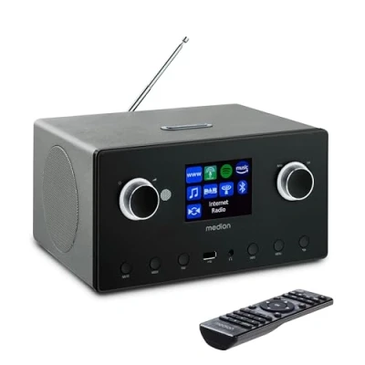 Image de MEDION P85444 2.1 Radio Internet avec Subwoofer (Dab+, FM, Spotify, WiFi, Bluetooth, Streaming, égaliseur, écran Couleur, USB, AUX, Réveil, Fonction Snooze, Sleep Timer) Titane