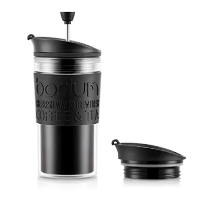 Image de Bodum 11102 01S Mug à Piston Isotherme Couvercle Clapet, Noir, Transparent, 0,35 L, Plastique, 8,9 cm