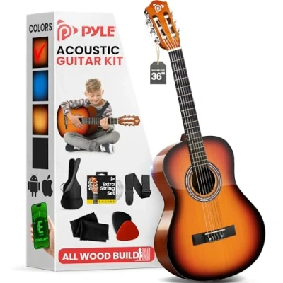 Image de Pyle Guitare acoustique classique 91,44cm pour débutantGuitare 3/4 junior en bois de tilleul avec 6 cordes nylon, housse, accordeur, médiators, sangle, les débutants et adultes, SunBurst