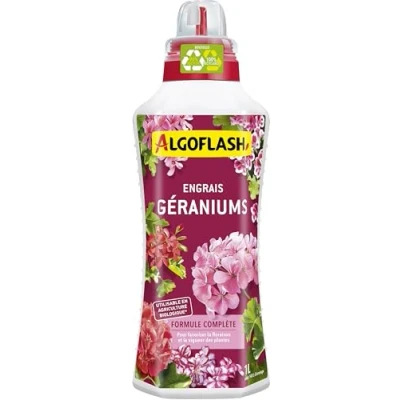 Image de Algoflash Engrais Géraniums Liquide, Utilisable en Agriculture Biologique, Bouchon Doseur Inclus 1L