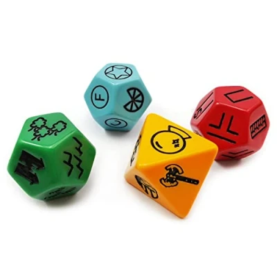 Image de Bescon&#039;s Dungeon and Wilderness Terrain, Feature Treasure Type Dice Set, 4 Piece Proprietary Polyhedral RPG Red, Green, Yellow with Black Print