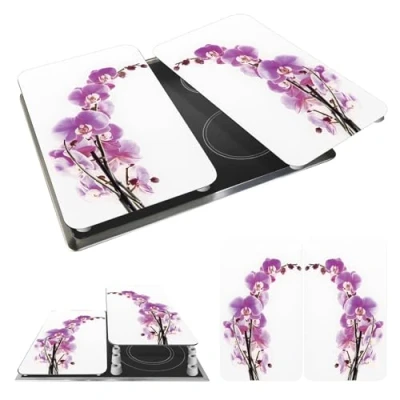 Image de WENKO Protection plaque de cuisson &quot;Fleur d&#039;orchidée&quot; en verre trempé Pour toute Couvre cuisson, planche à découper, extension plan travail Lot 2 52x30cm Multicolore