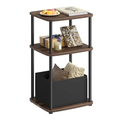 Image de SONGMICS HOME table d&#039;appoint, de chevet, d&#039;appoint avec 3 étagères rangement, panier en tissu, pour chambre à coucher, salon, cadre acier, 11,8 x 13,4 22,8 cm, industriel, noyer