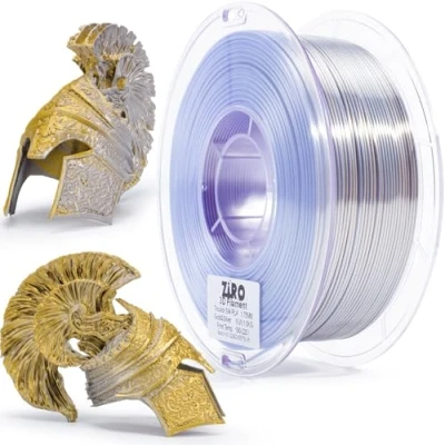 Image de ZIRO pla Filament Double Couleur Coextrusion soie 3D Imprimante 1.75mm pour et Stylo 3D, Multicolor Rainbow Filament, 1kg (2.2lbs), Or Argent