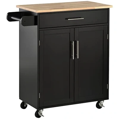 Image de HOMCOM Desserte de Cuisine sur roulettes Chariot Service Ilot avec tiroir Placard et Porte torchons 83l x 45P 91,5H cm Noir