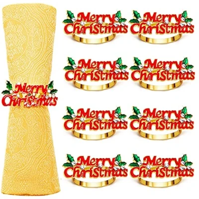 Image de KAHEIGN 8 Pièces Ronds de Serviette Noël, Merry Christmas Porte Serviettes en Doré Boucle Noël avec Strass pour Décoration Table Fête Déjeuner Thanksgiving Mariage