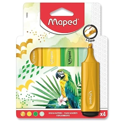 Image de Maped 4 Surligneurs Fluo&#039;Peps Pointe Biseautée Longue Durée Usage Scolaire et Professionnel Pastel, Fluos Encre à Paillettes Thème Tropical Jaune/Vert