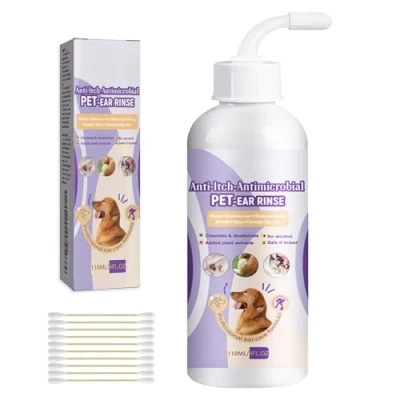 Image de KMANGMAN Nettoyant Oreilles Chien et Chat 118ml+10 Pcs Coton Tige,Soins des Oreilles,Gouttes d&#039;oreille,Formule à Base d&#039;Extraits de Plantes,pour Apaise Démangeaisons,Élimine Les Odeurs,Non Irritant