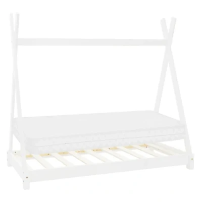 Image de ML Design Lit d&#039;enfant Tipi 80 x 160 cm Blanc avec Matelas à Mousse Froide Hypoallergénique et Sommier Lattes, Housse Amovible Respirant Lavable, Cadre de Style Indien en Bois Pin Massif