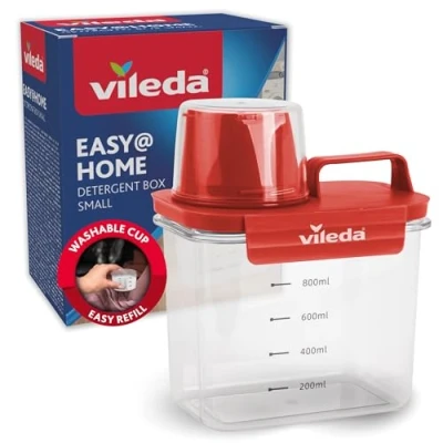 Image de Vileda Boîte à lessive 1100 ml rouge Rangement pratique pour la en poudre Avec verre doseur un dosage précis Hermétique et peu encombrant