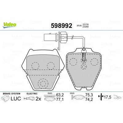 Image de VALEO 598992 Jeu de plaquettes frein Essieu Avant contact signal d&#039;usure inclus avec tôle anti bruit AUDI: A4 B5 Avant, A6 C5