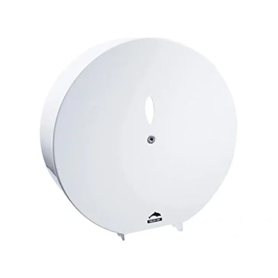 Image de distributeur de papier wc géant 300 x 110 mm acier epoxy blanc fermeture avec clé 6 pans pellet 878500
