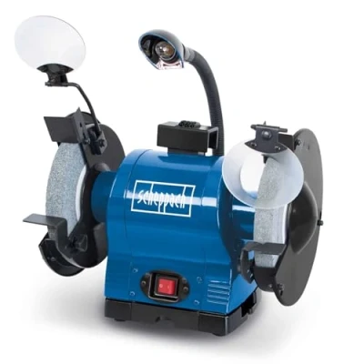 Image de Scheppach Touret à 2 Meules BG200 4903105901 9930 550W Ø200 mm Grain 36 et 60 Pare étincelles Porte outils réglables Réservoir d&#039;eau intégré Lampe orientable