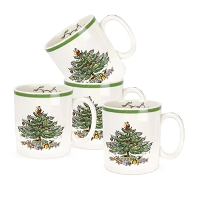 Image de Spode Service de table pour sapin Noël, Blanc avec bordure verte., Christmas Tree Mugs, Set of 4