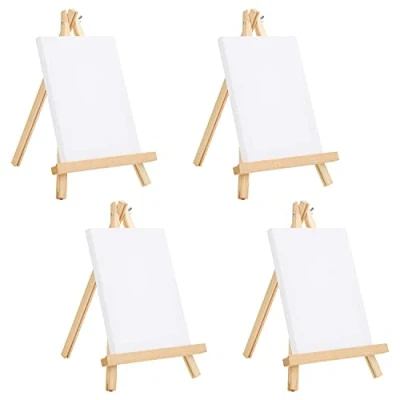 Image de Belle Vous Mini Chevalet Bois avec Toile (Lot 4) H 20 x l 15 cm Vierge Pré Étirée Ensemble et de Table pour Peinture à l’Huile Acrylique &amp; Dessins d’Enfants