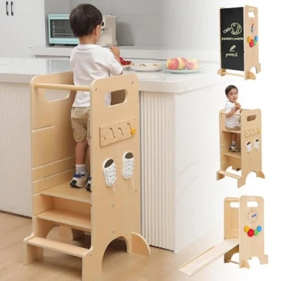 Image de Olvy Tour d&#039;apprentissage Montessori 4 en 1 pour Enfants d&#039;observation à partir de an 3 Niveaux réglables Hauteur Tabouret Enfant Multifonction