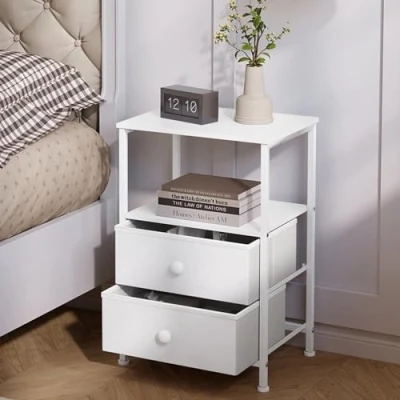 Image de EUGAD Table de Chevet avec 2 Tiroirs en Tissu et Compartiment Ouvert, 40x30x60 cm, Nuit, Lit, d&#039;Appoint Moderne, Bois Métal, Blanc, 0009CTG