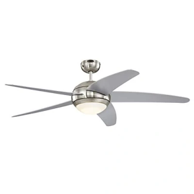 Image de 72069 Ventilateur de Plafond D’Intérieur à Cinq Pales Bendan LED 132 cm, Chrome Satiné avec Accents Martelés, Kit D‘Éclairage Variateur Verre Opale Dépoli, Télécommande Incluse