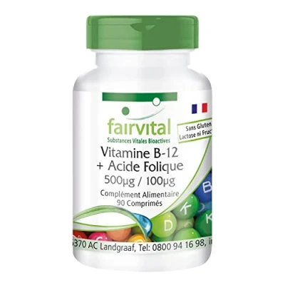 Image de Fairvital Vitamine B12 + Acide folique Méthylcobalamine sublinguale 500µg B9 100µg VEGAN 90 comprimés Qualité allemande